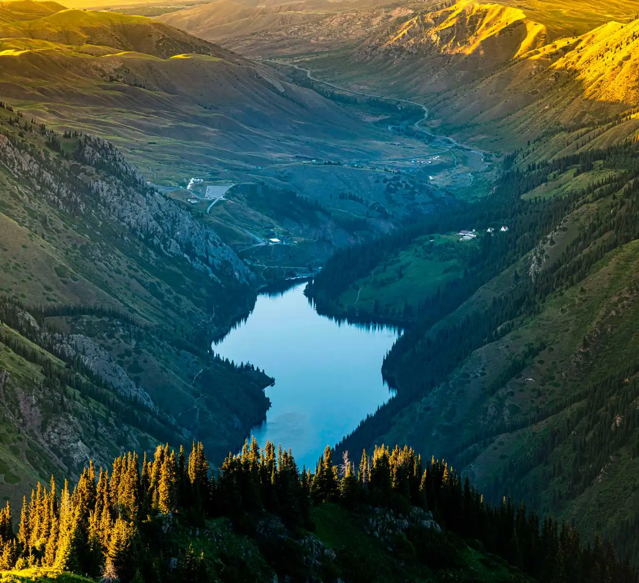 Aerial panorama of Kolsay Lakes surrounded by Tien Shan mountains
